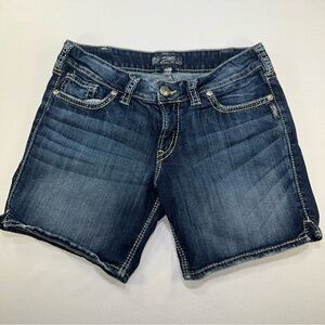 Silver Jeans Co Suki Shorts Womens 33 Dark Wash Denim Mid Rise White Stitching